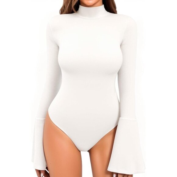 Bell Sleeve Mock Neck Long Sleeve Bodysuit for Going Out Tops for Women - Picture 1 of 4